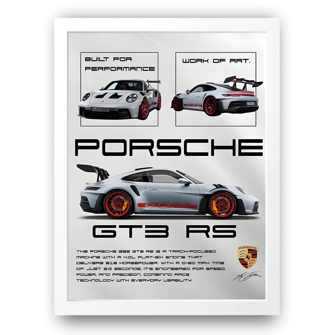 Porsche GT3 RS car poster in white frame