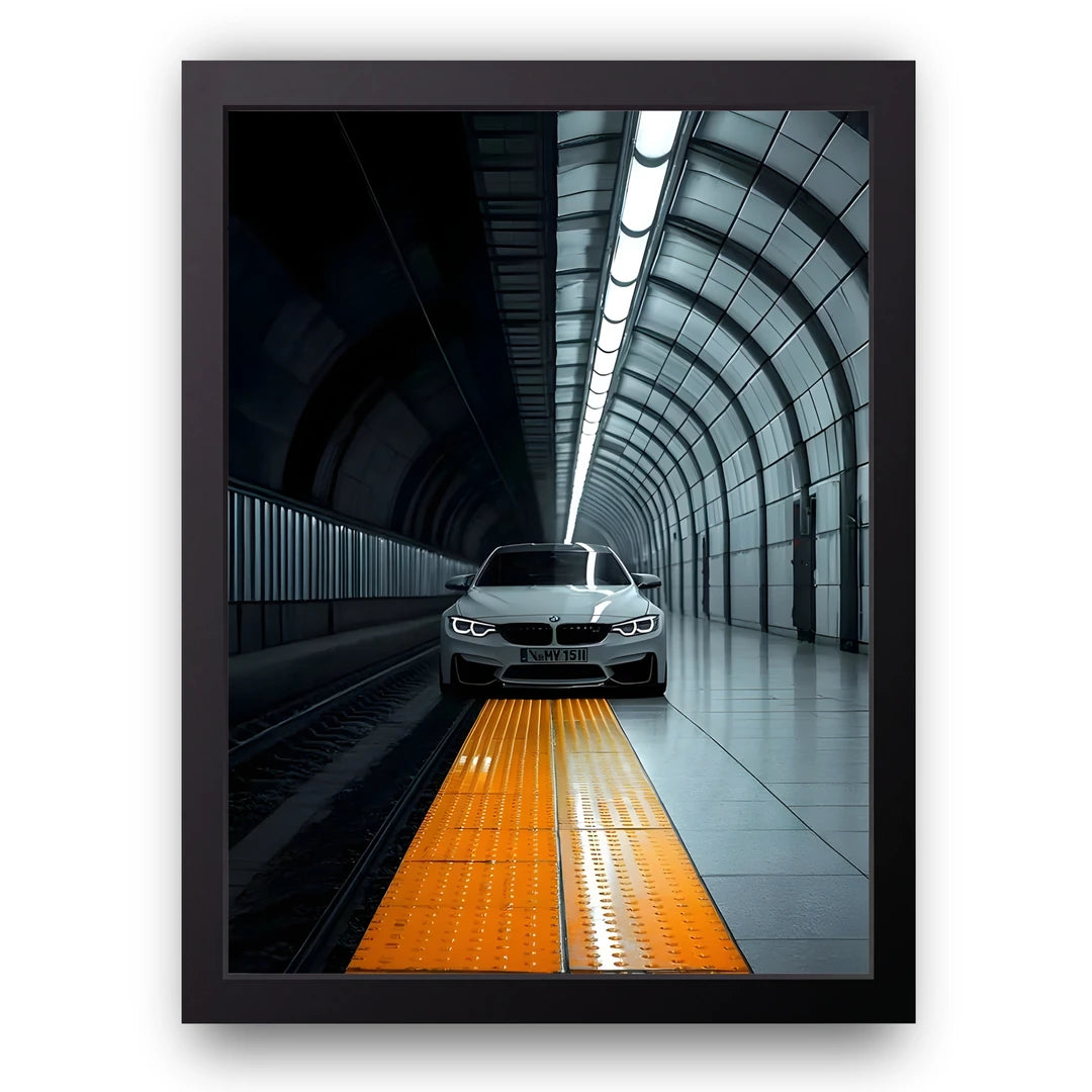 BMW Tunnel car poster in black frame