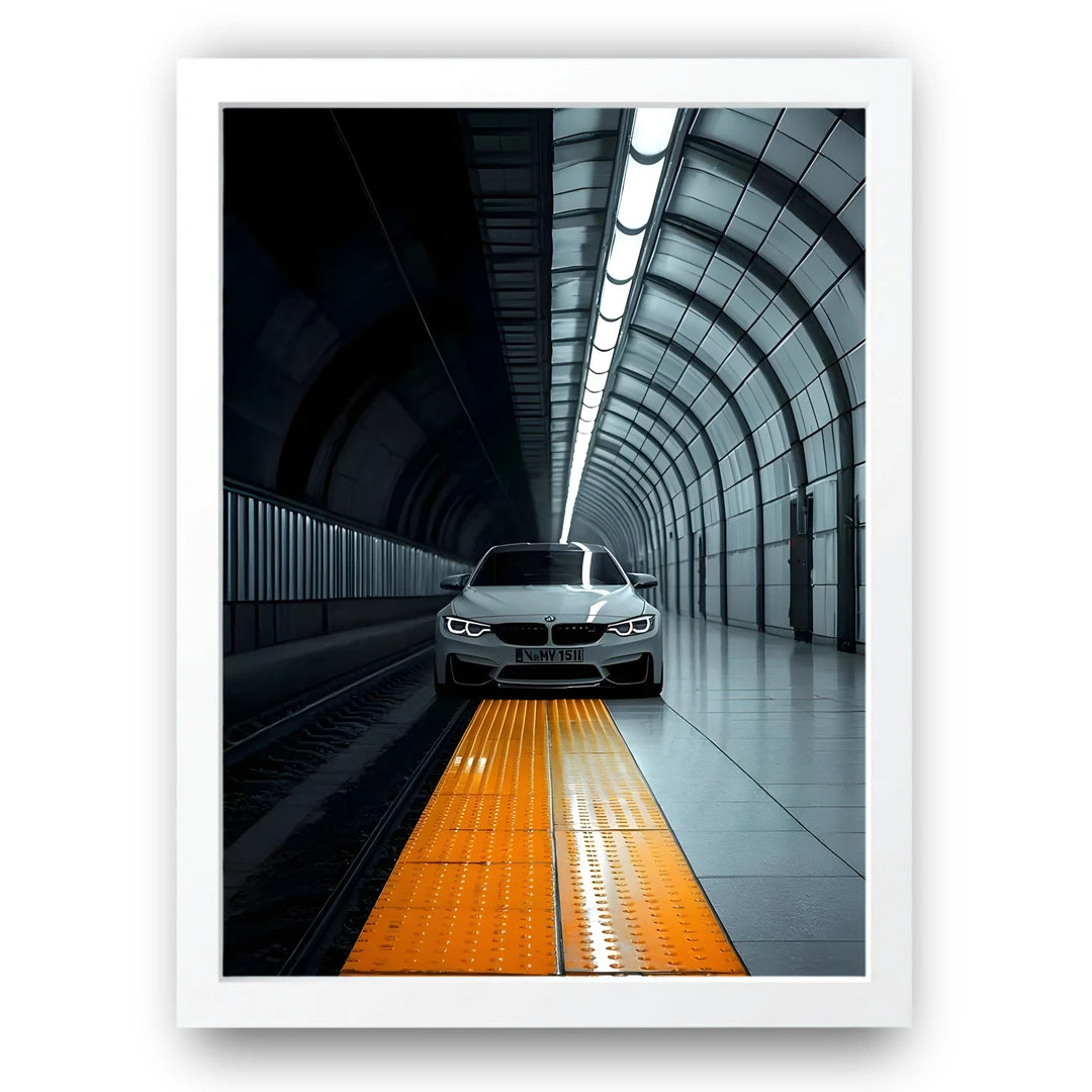 BMW Tunnel car poster in white frame