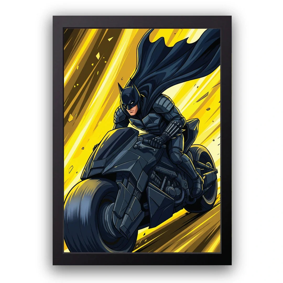 Batman on motorcycle poster in black frame