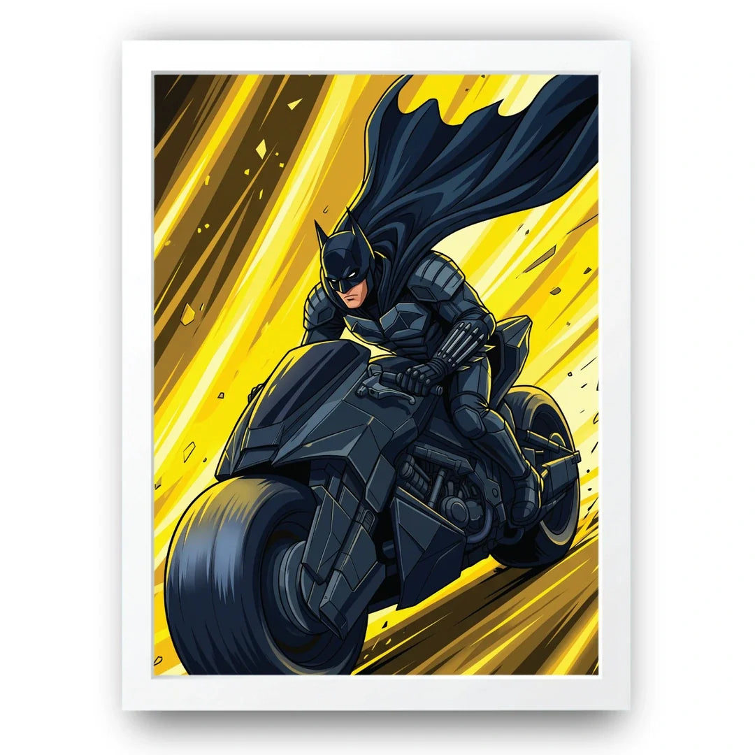 Batman on motorcycle poster in white frame