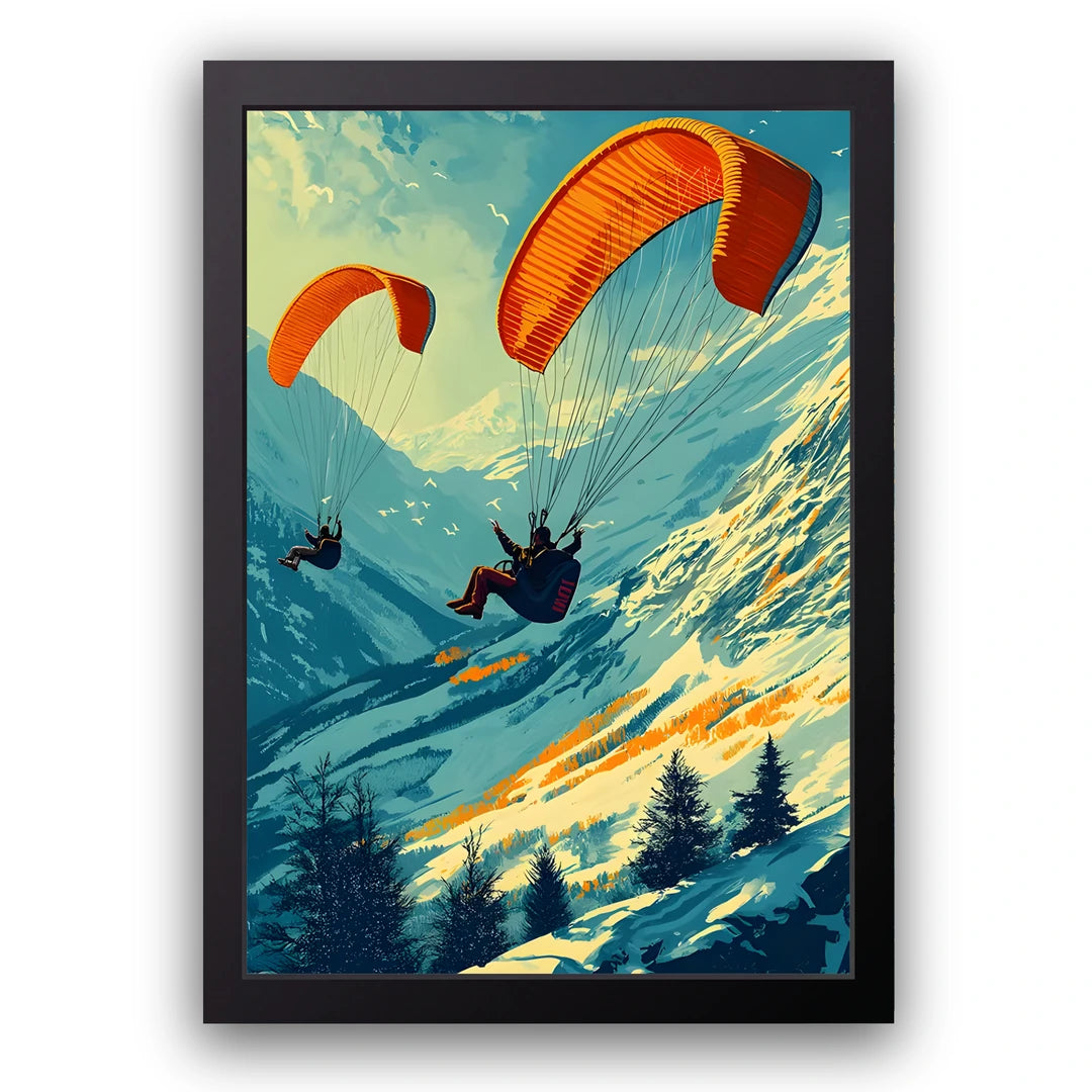 Paragliders over snowy mountains poster in black frame