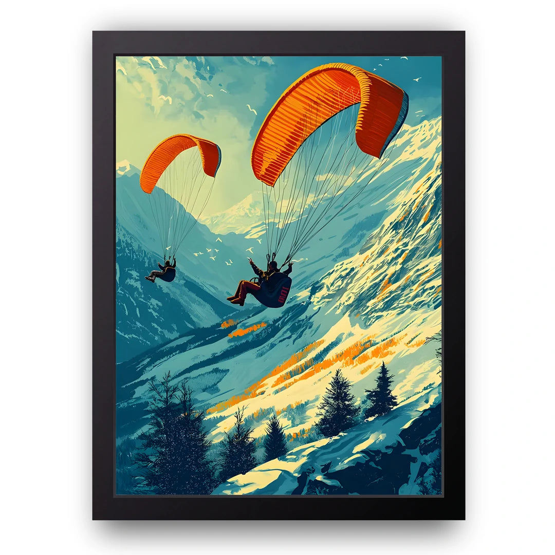 Paragliders over snowy mountains poster in black frame