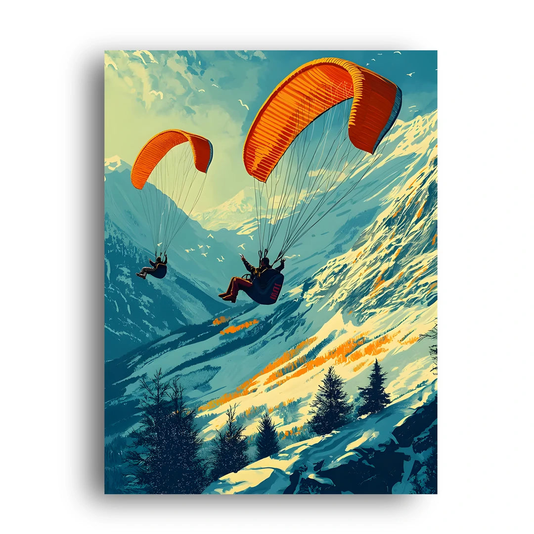 Paragliders over snowy mountains poster unframed 350gsm paper