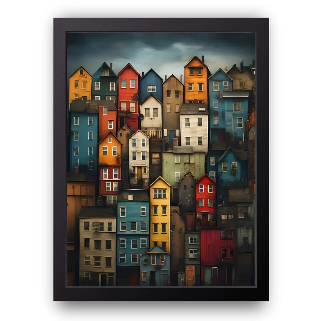 Colourful Houses art poster in black frame