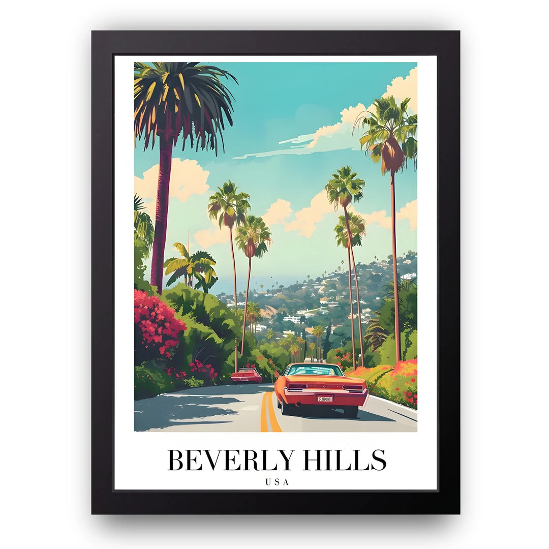 Beverly Hills travel poster in black frame