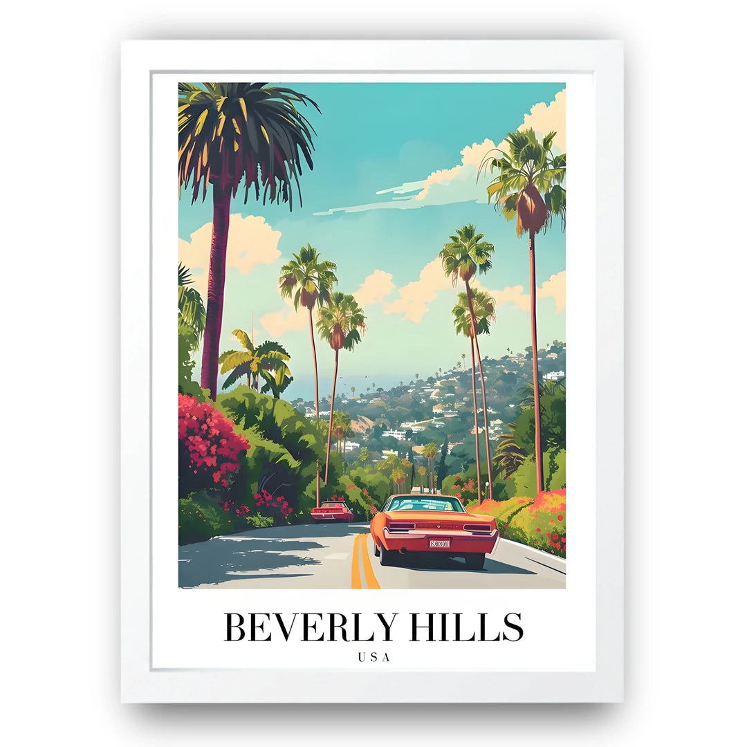 Beverly Hills travel poster in white frame