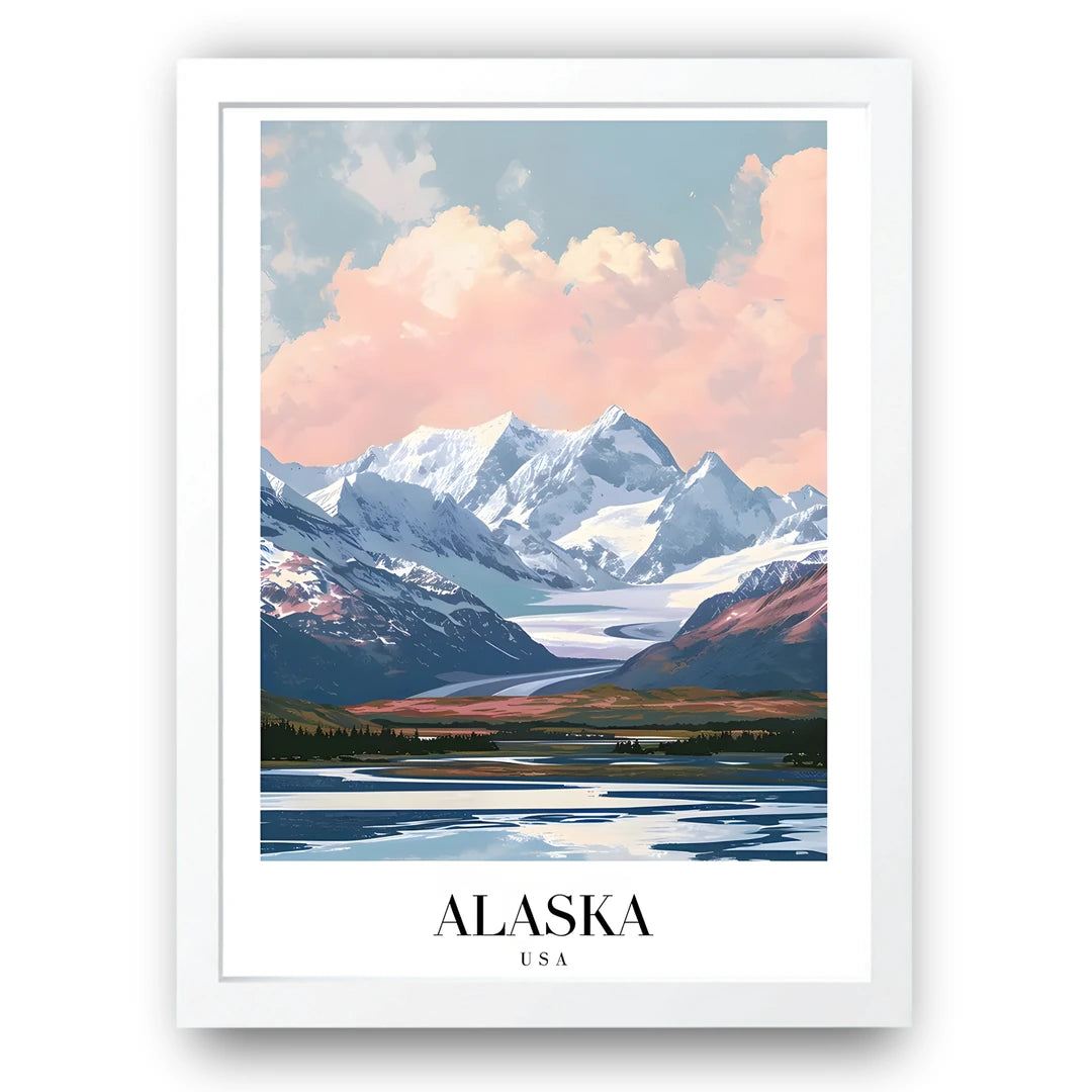 Alaska travel poster in white frame