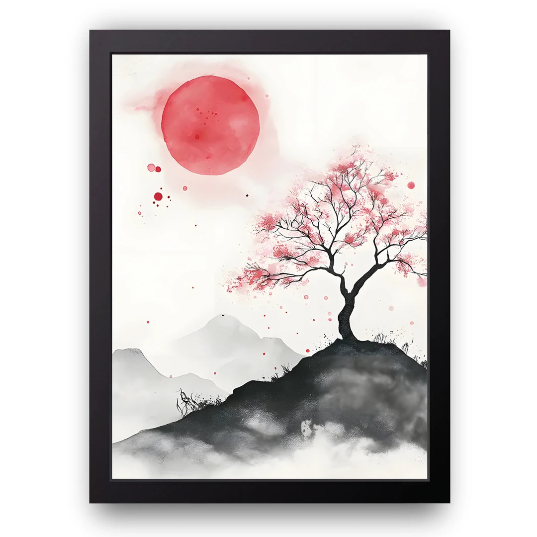 Cherry Blossom Sun art poster in black frame