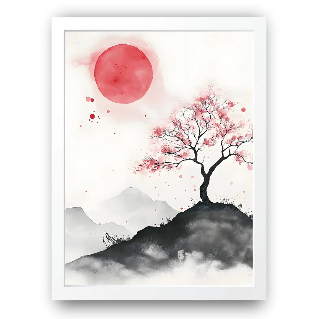 Cherry Blossom Sun art poster in white frame