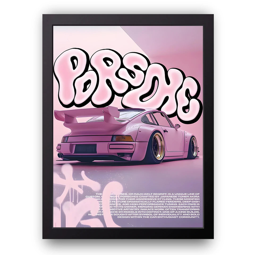 Pink Widebody car poster in black frame