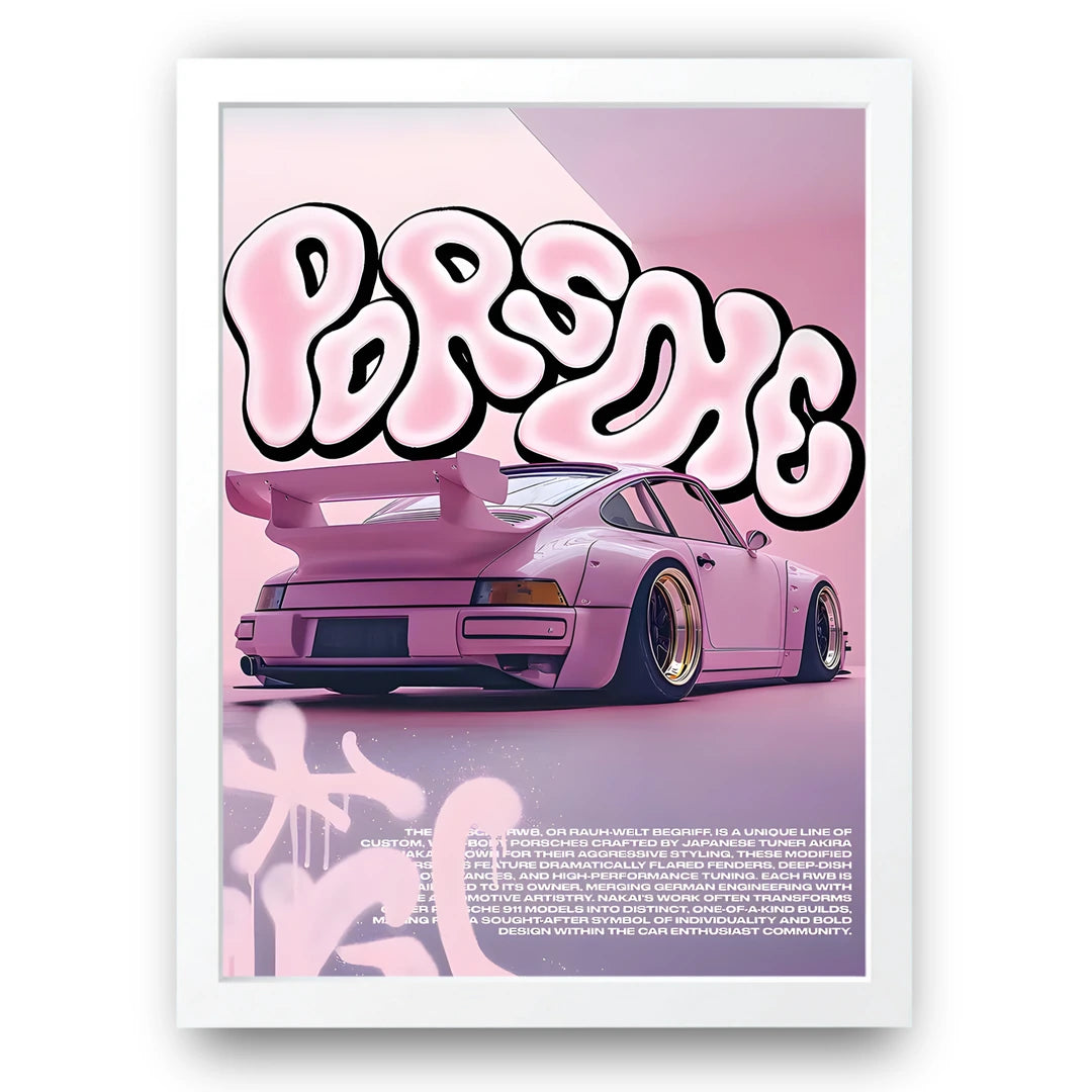 Pink Widebody car poster in white frame