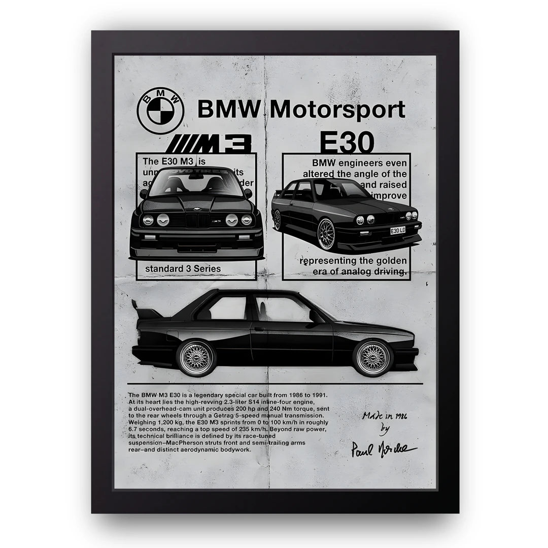 E30 Motorsport car poster in black frame