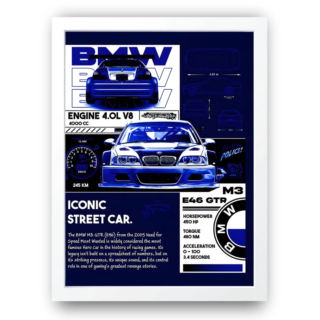 E46 Street Car car poster in white frame