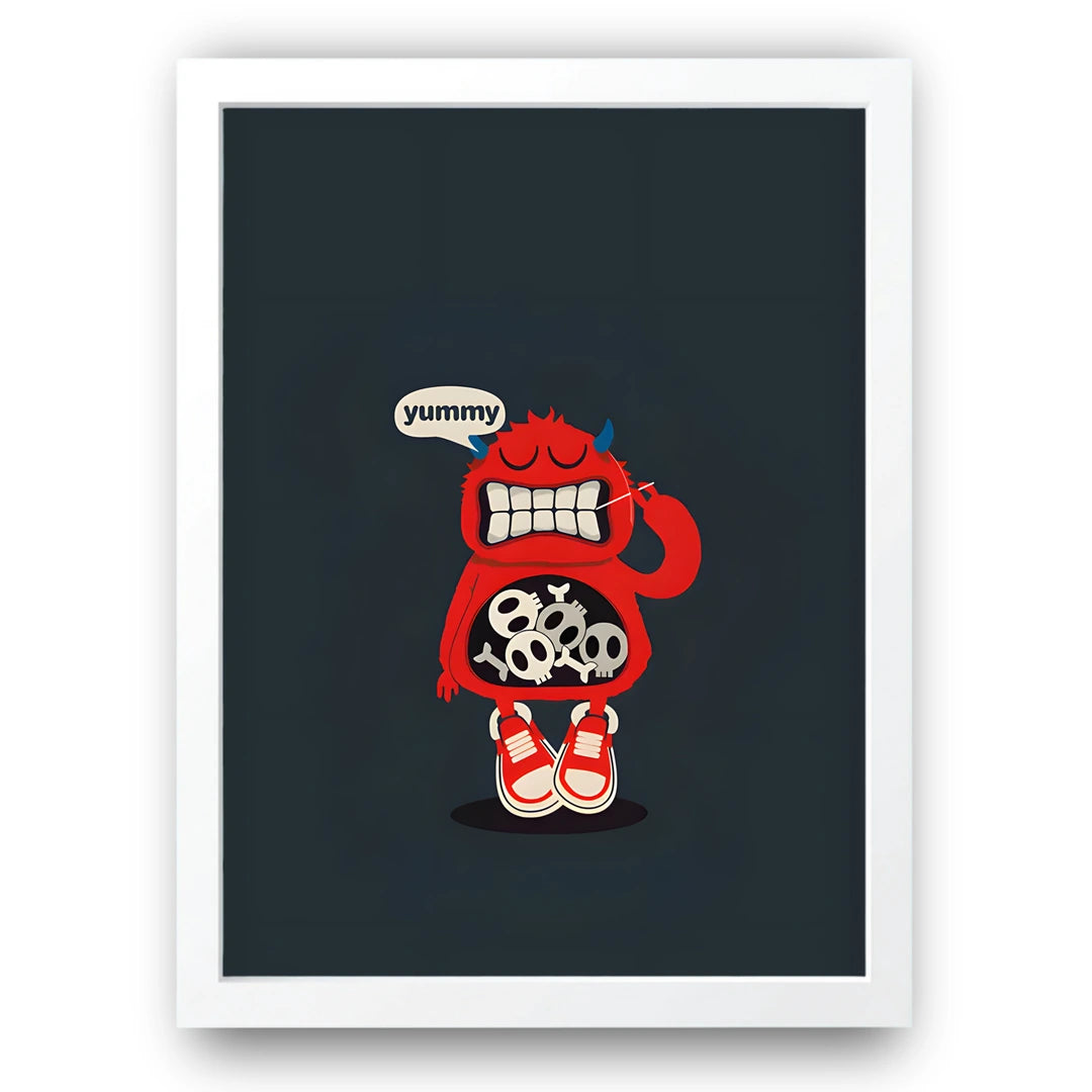 Yummy Monster cartoon poster in white frame
