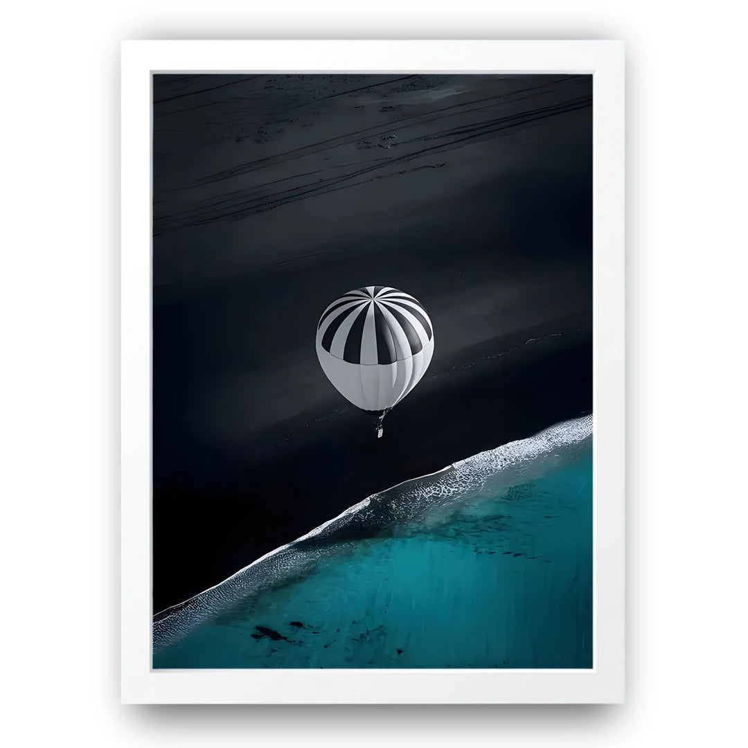 Balloon Over The Sea art poster in white frame