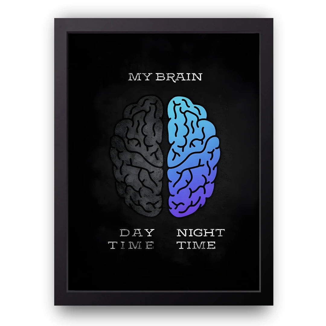 Day Brain Night Brain quote poster in black frame