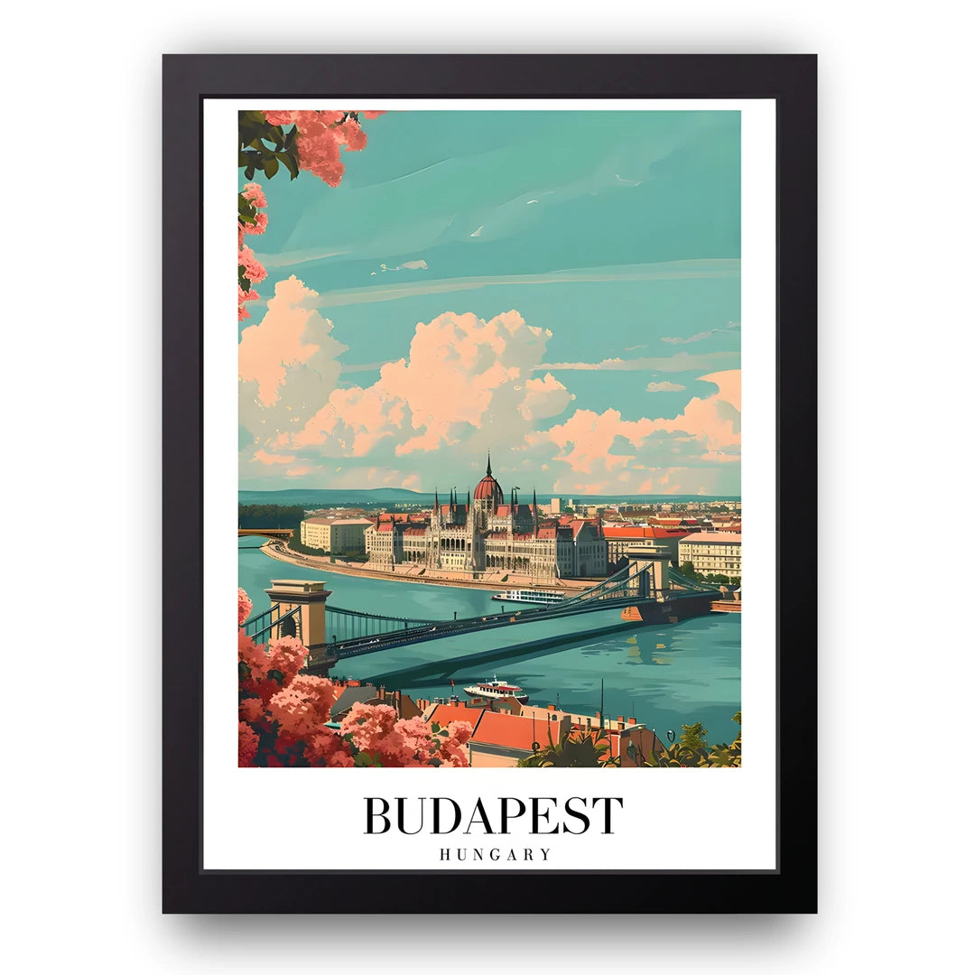 Budapest travel poster in black frame
