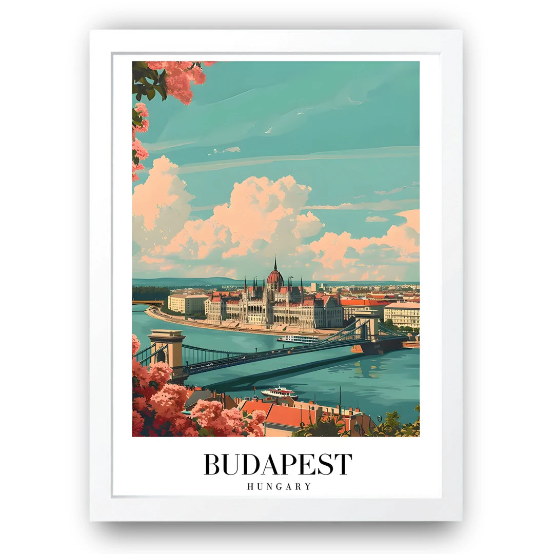 Budapest travel poster in white frame
