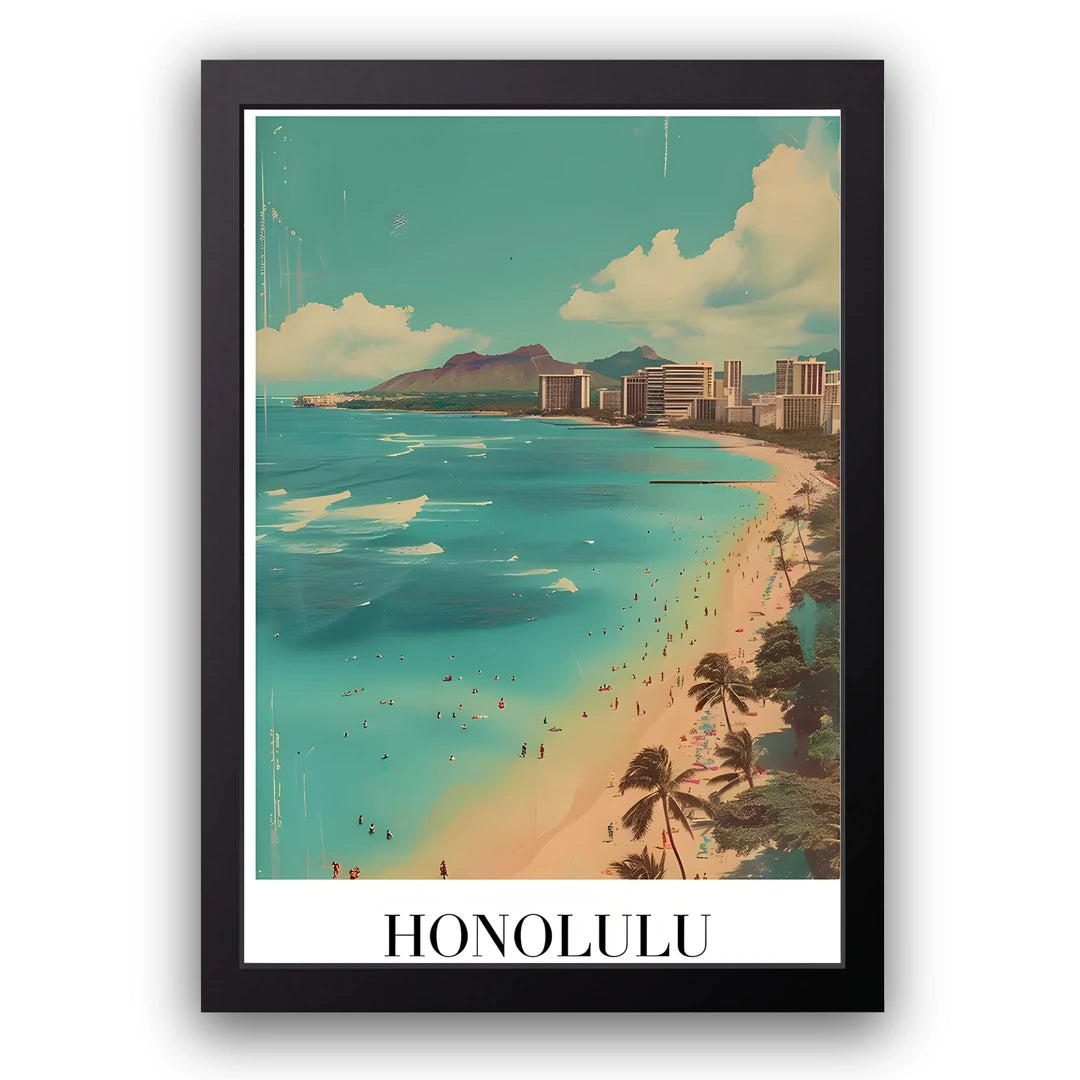 Honolulu travel poster in black frame