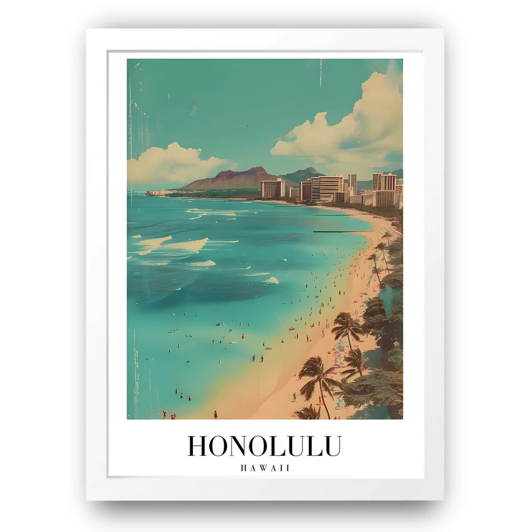 Honolulu travel poster in white frame