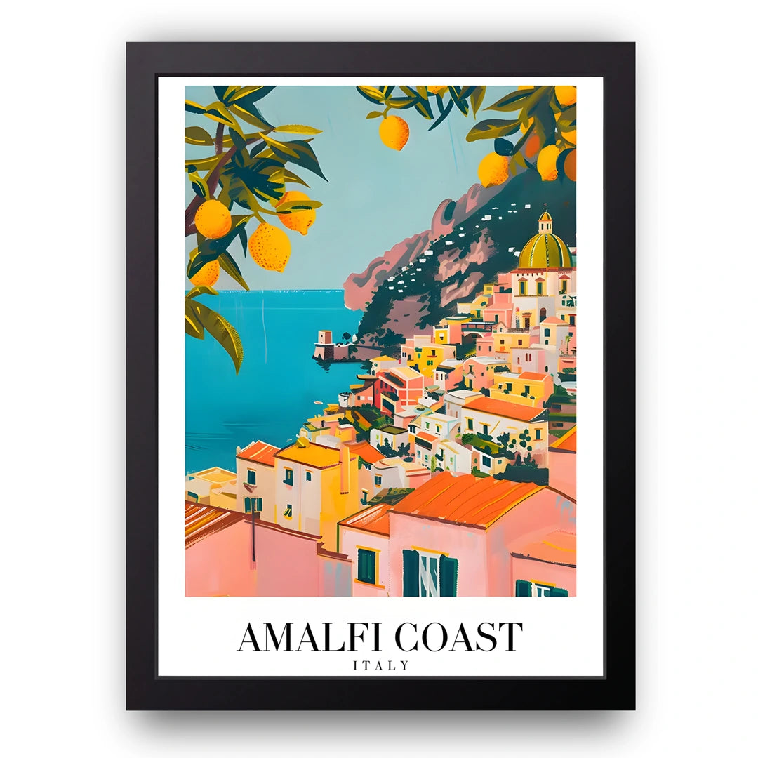 Amalfi Coast travel poster in black frame