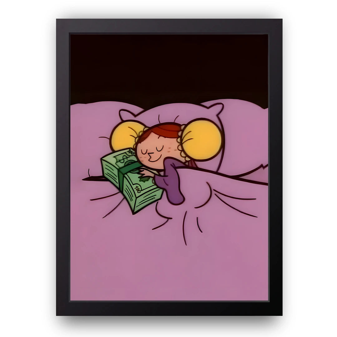 Sleeping On Money cartoon poster in black frame