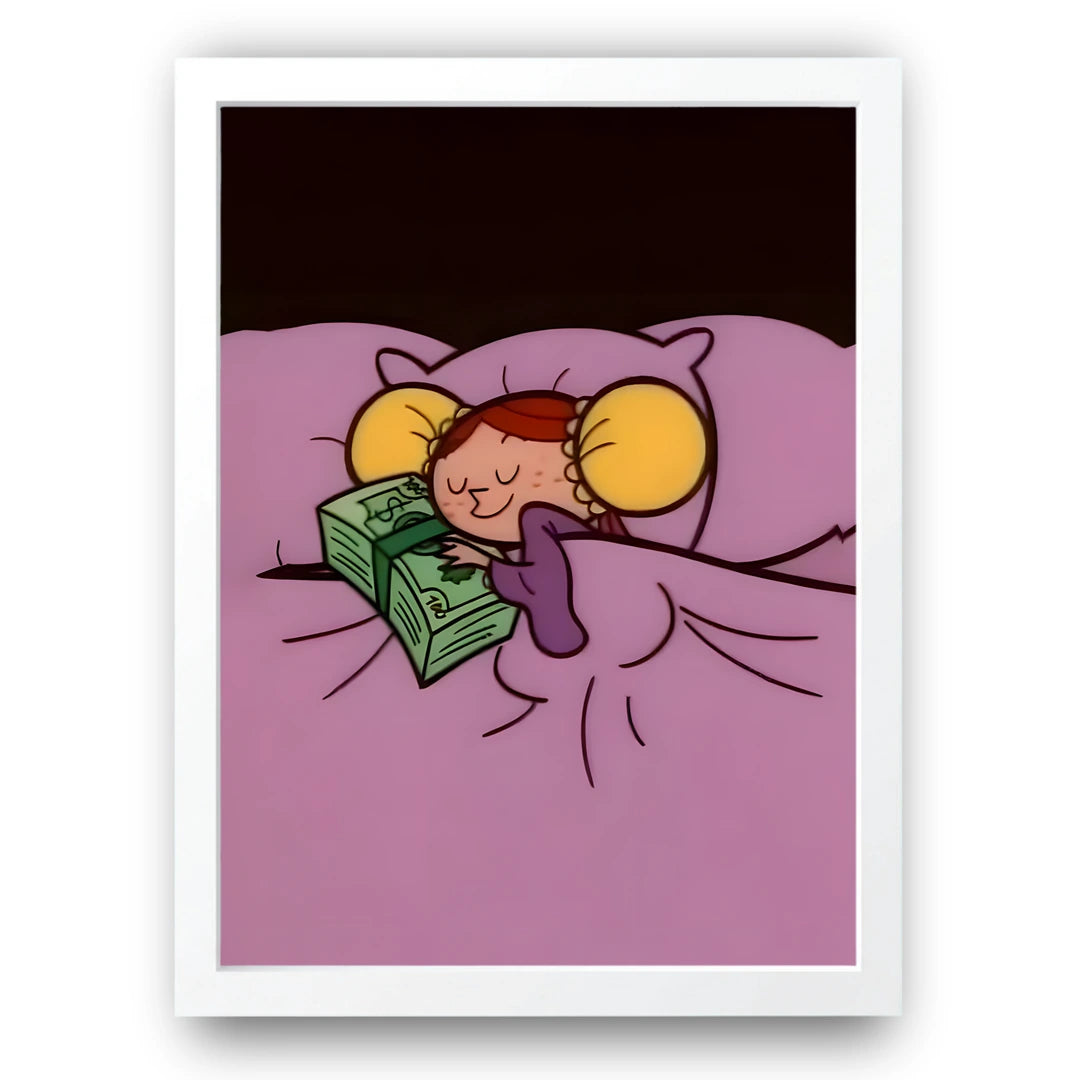 Sleeping On Money cartoon poster in white frame