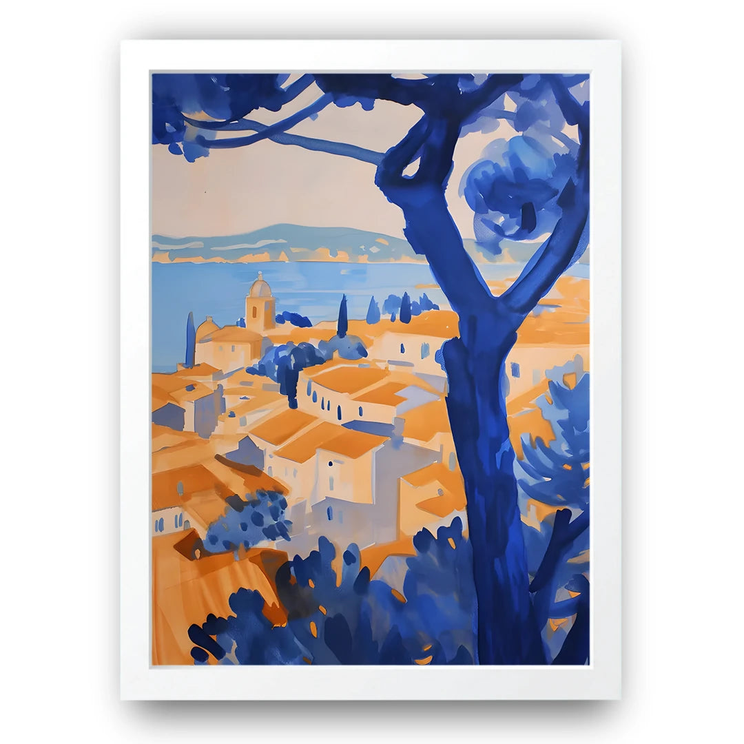 Blue Tree Village art poster in white frame