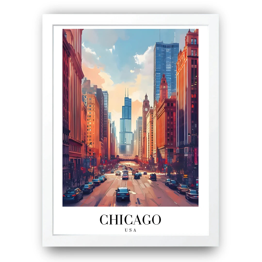 Chicago Streets travel poster in white frame