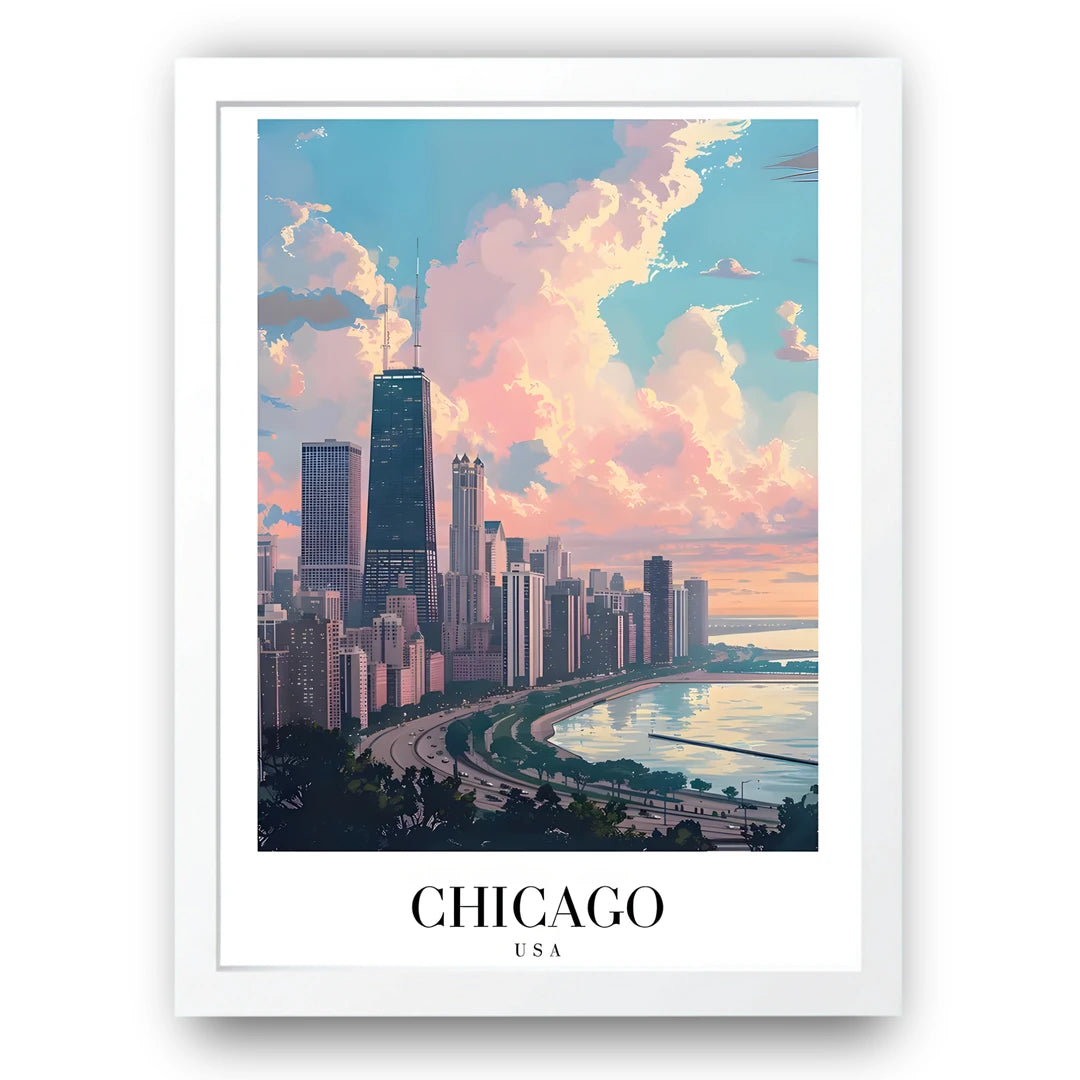 Chicago Skyline travel poster in white frame