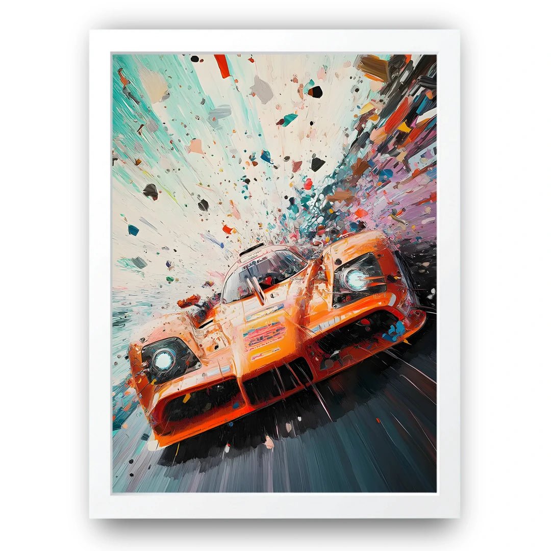 Orange Le Mans car poster in white frame