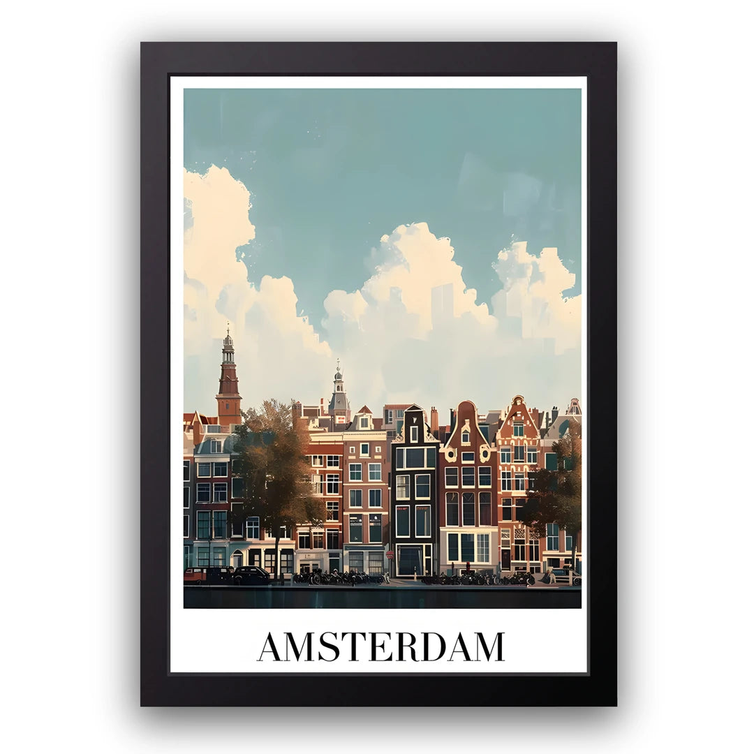 Amsterdam travel poster in black frame