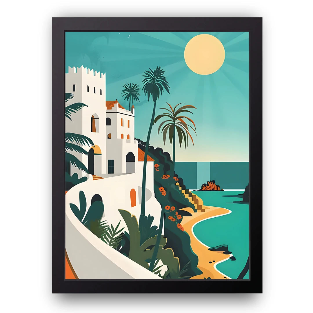 White Villa Coast travel poster in black frame