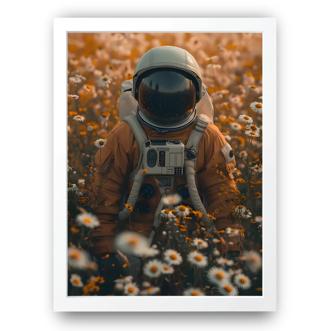 Astronaut In Daisies art poster in white frame
