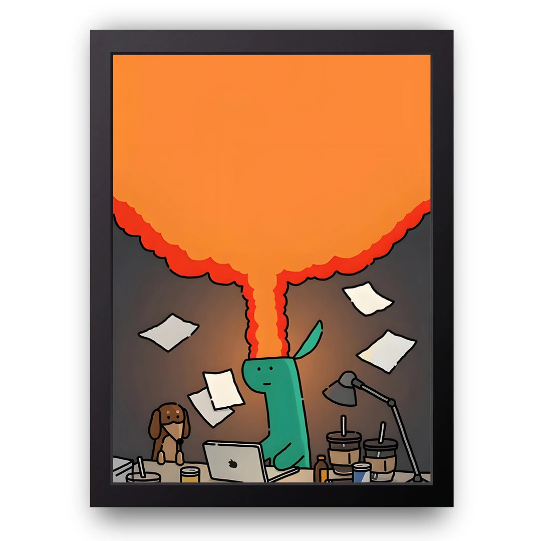 Work Scream cartoon poster in black frame