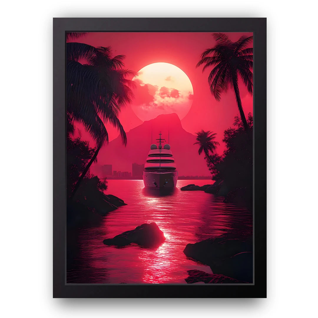 Pink Sunset Yacht art poster in black frame