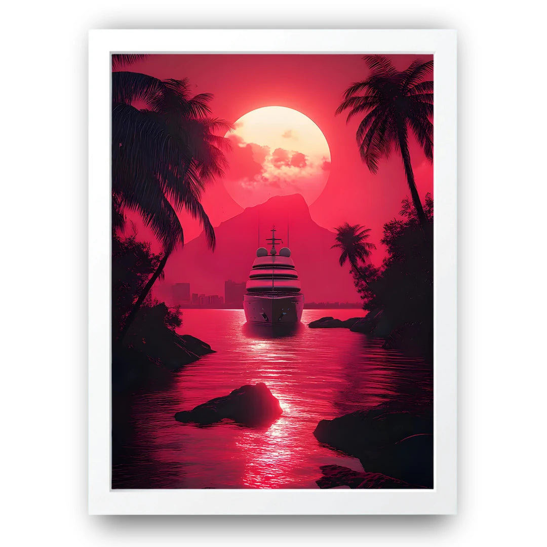 Pink Sunset Yacht art poster in white frame