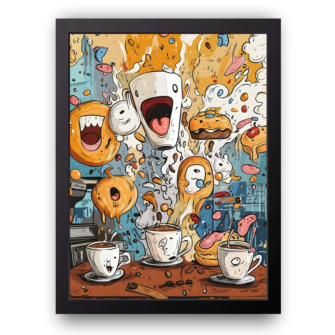 Coffee Chaos art poster in black frame