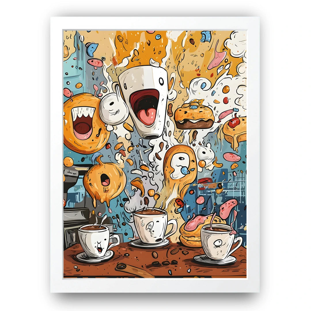 Coffee Chaos art poster in white frame