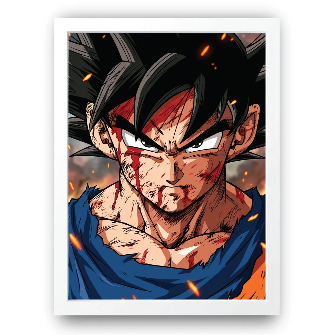 Goku battle worn poster in white frame