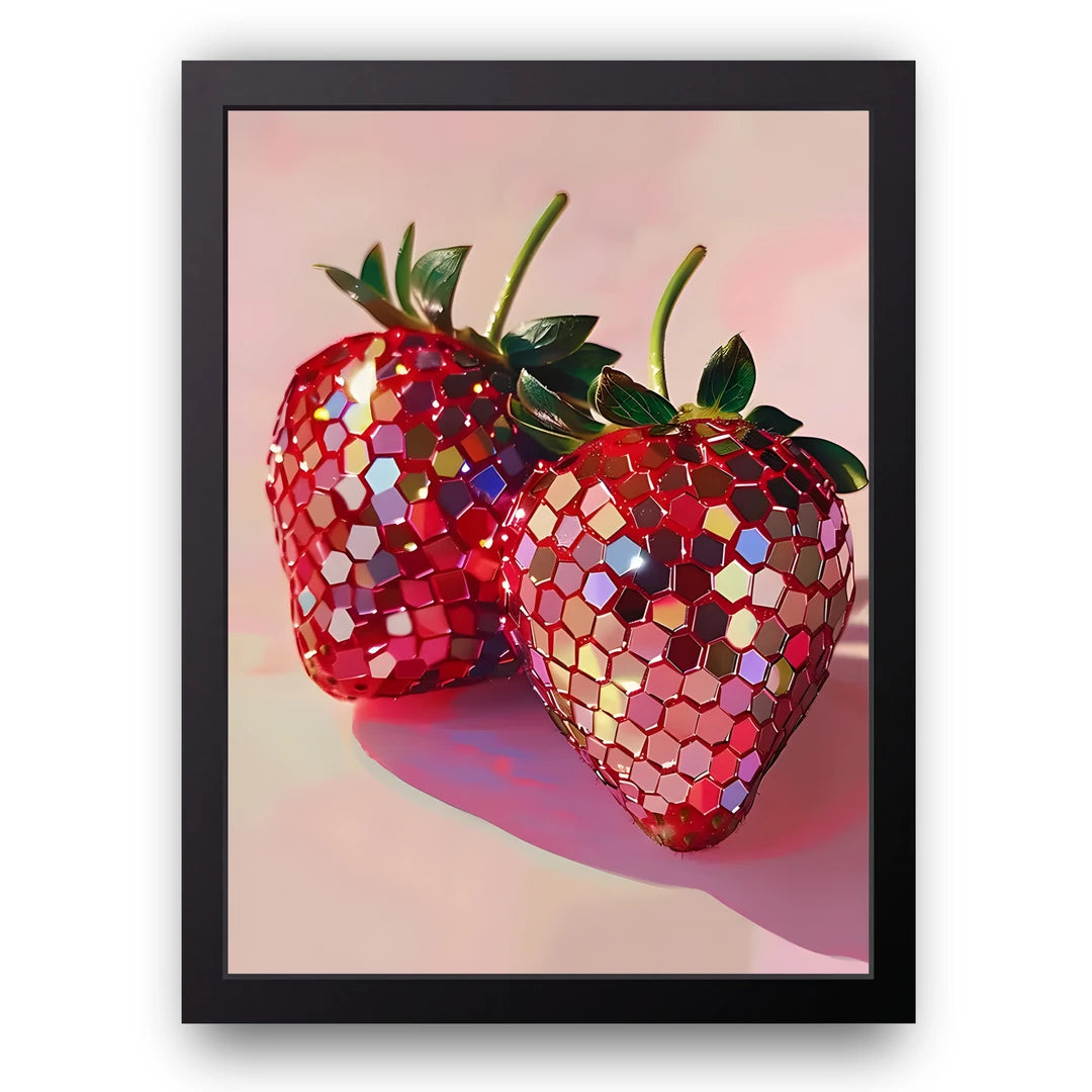 Disco Strawberries art poster in black frame