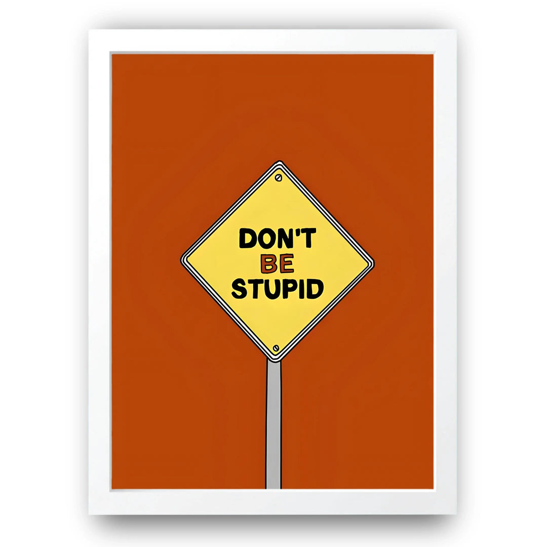 Don't Be Stupid quote poster in white frame