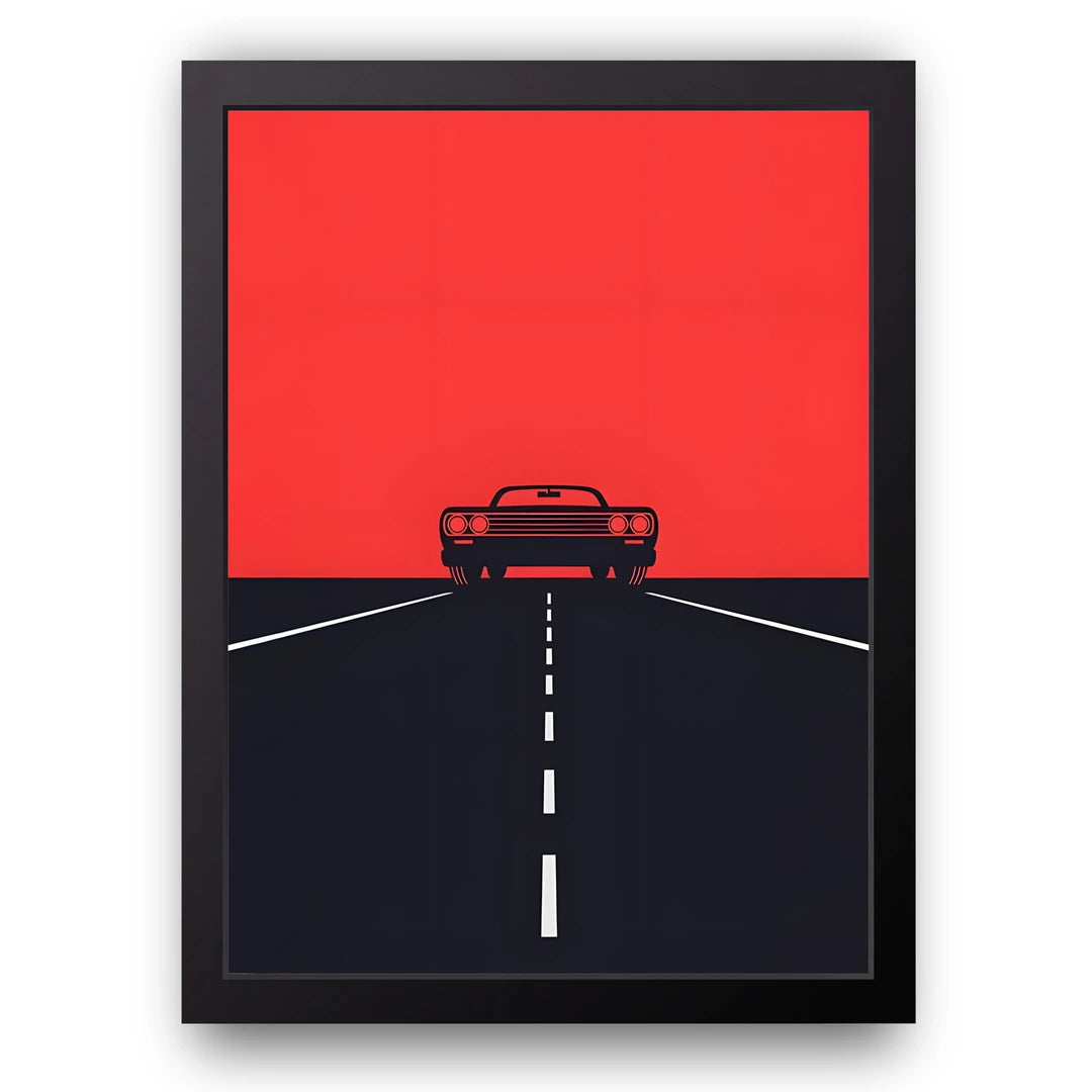 Red Horizon Drive car poster in black frame