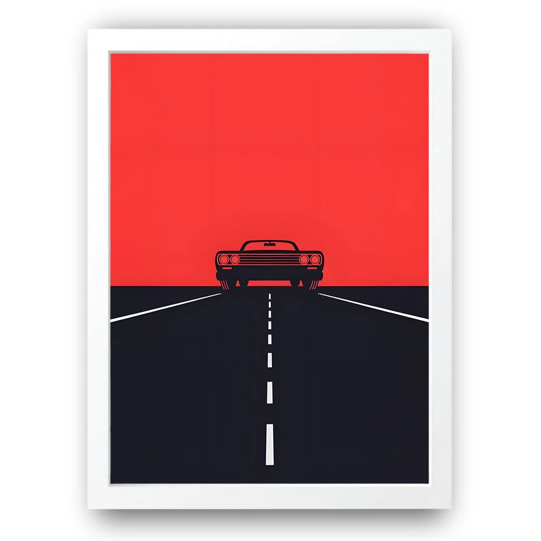 Red Horizon Drive car poster in white frame