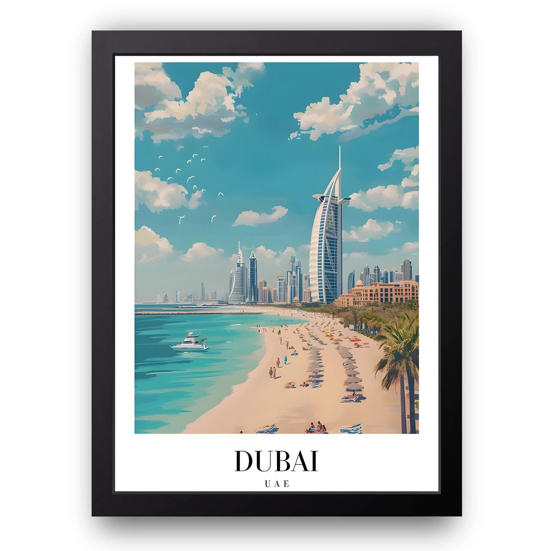 Dubai travel poster in black frame