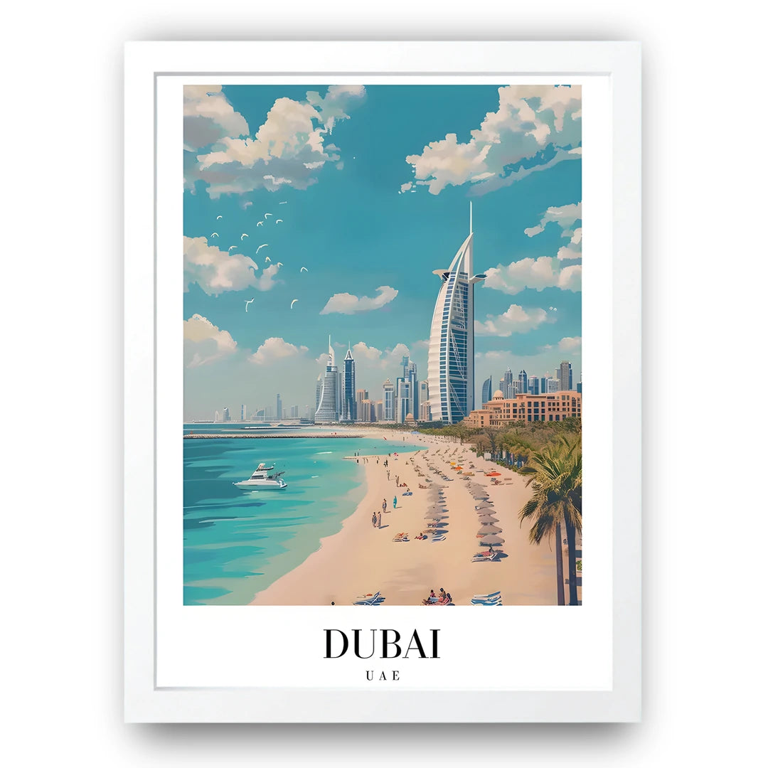 Dubai travel poster in white frame