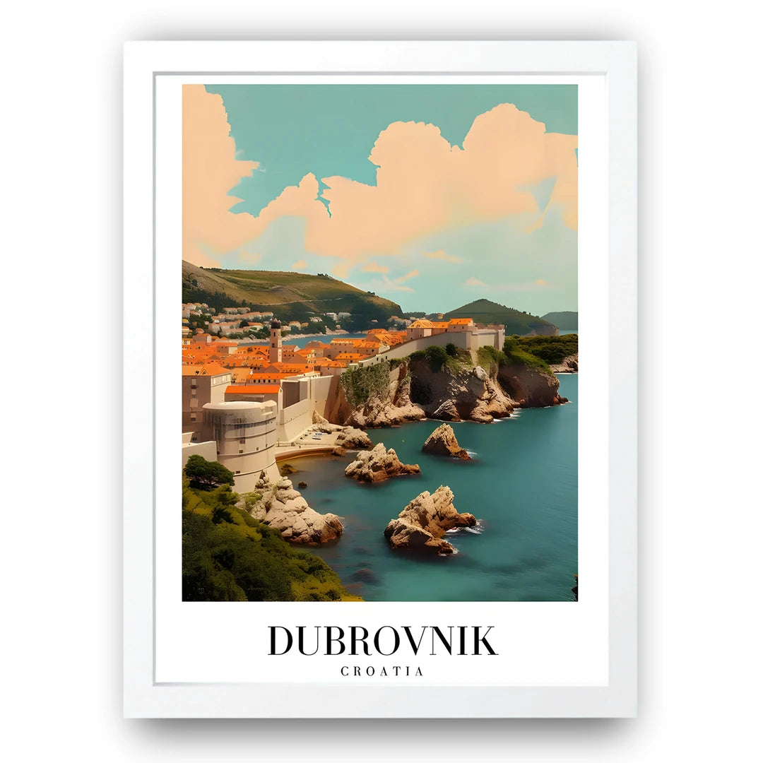Dubrovnik Walls travel poster in white frame