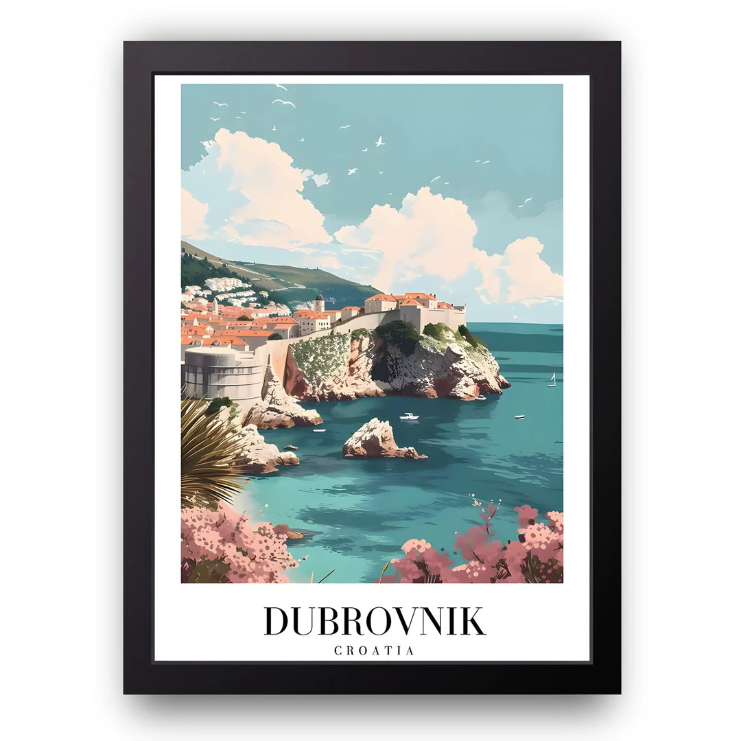Dubrovnik Coast travel poster in black frame