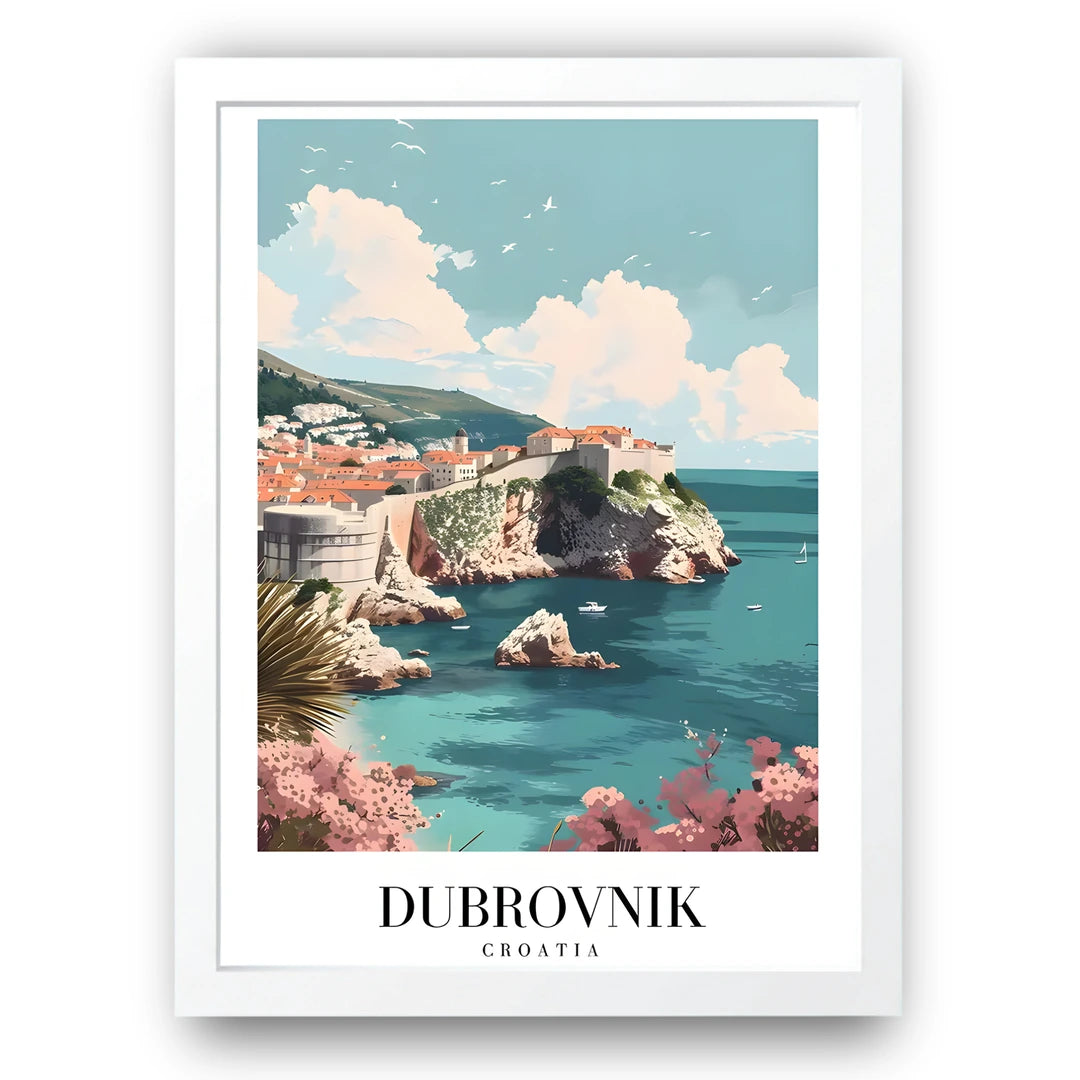 Dubrovnik Coast travel poster in white frame